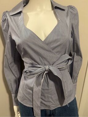 NWT Marissa Webb Mia Wrap Top in Blue Pinstripe Size XSmall